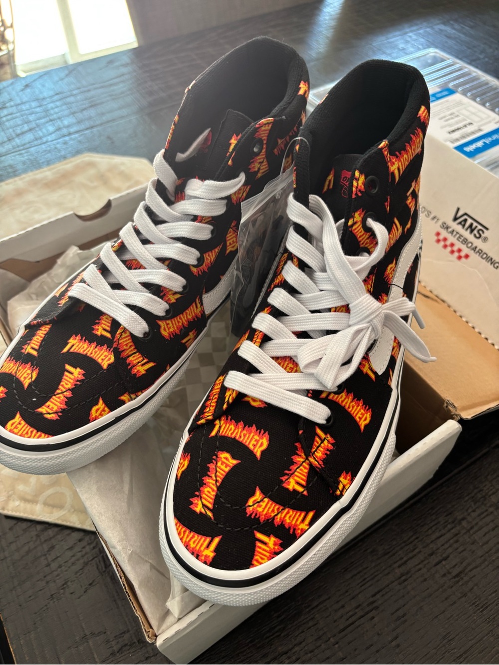 Vans High Top Sneakers with Flame Logo Print - Black, Orange & Yellow